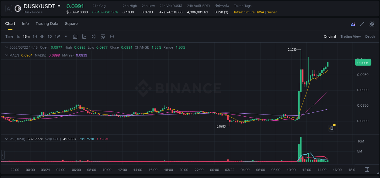 Binance pump data for DUSK at 22 March 2026, 14:46