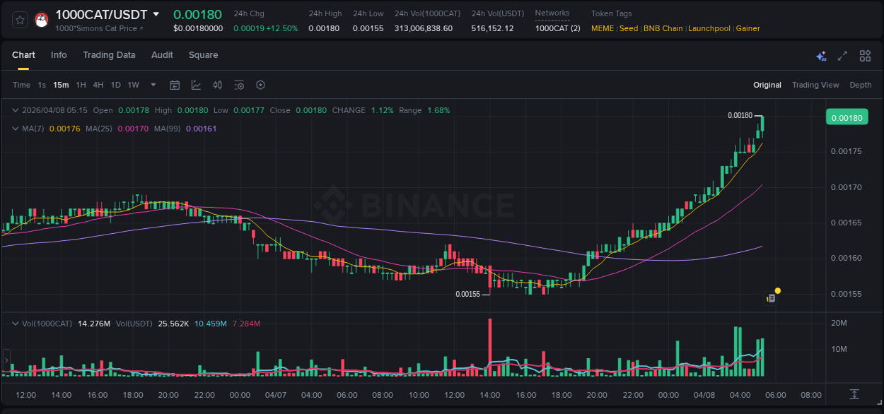 Real-time report of 1000CAT pump on Binance, 08 April 2026, 05:29 Real-time report of 1000CAT pump on Binance, 08 April 2026, 05:29