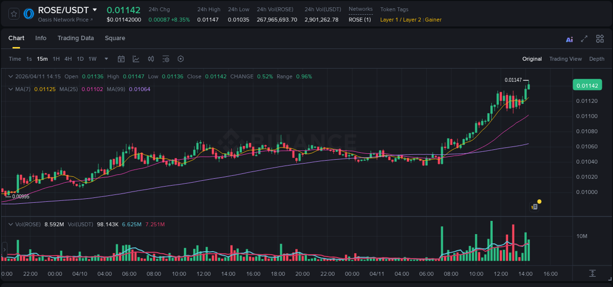 Market movement report: ROSE on Binance at 11 April 2026, 14:16 Market movement report: ROSE on Binance at 11 April 2026, 14:16
