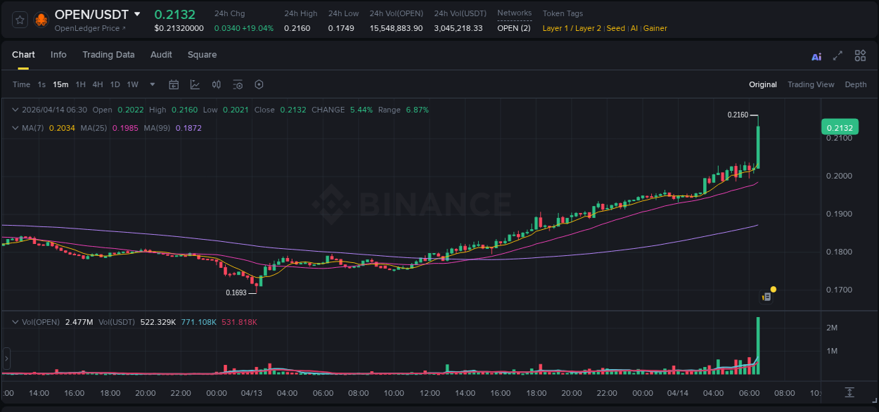 Binance exchange pump report for OPEN, 14 April 2026, 06:37