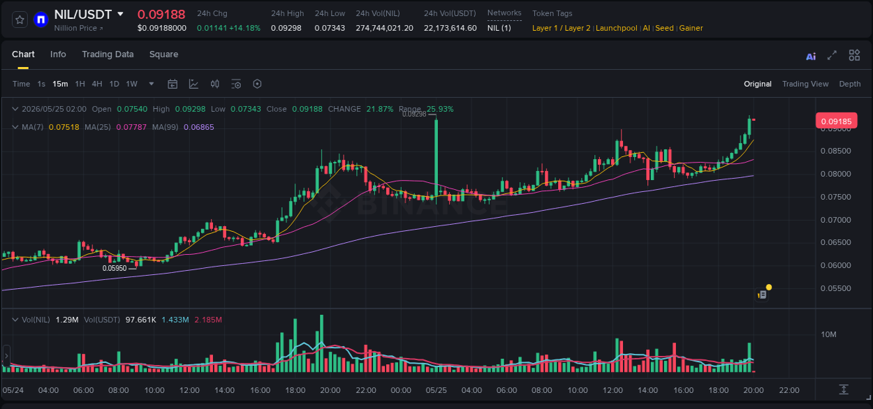 Binance pump statistics for NIL at 25 May 2026, 19:54