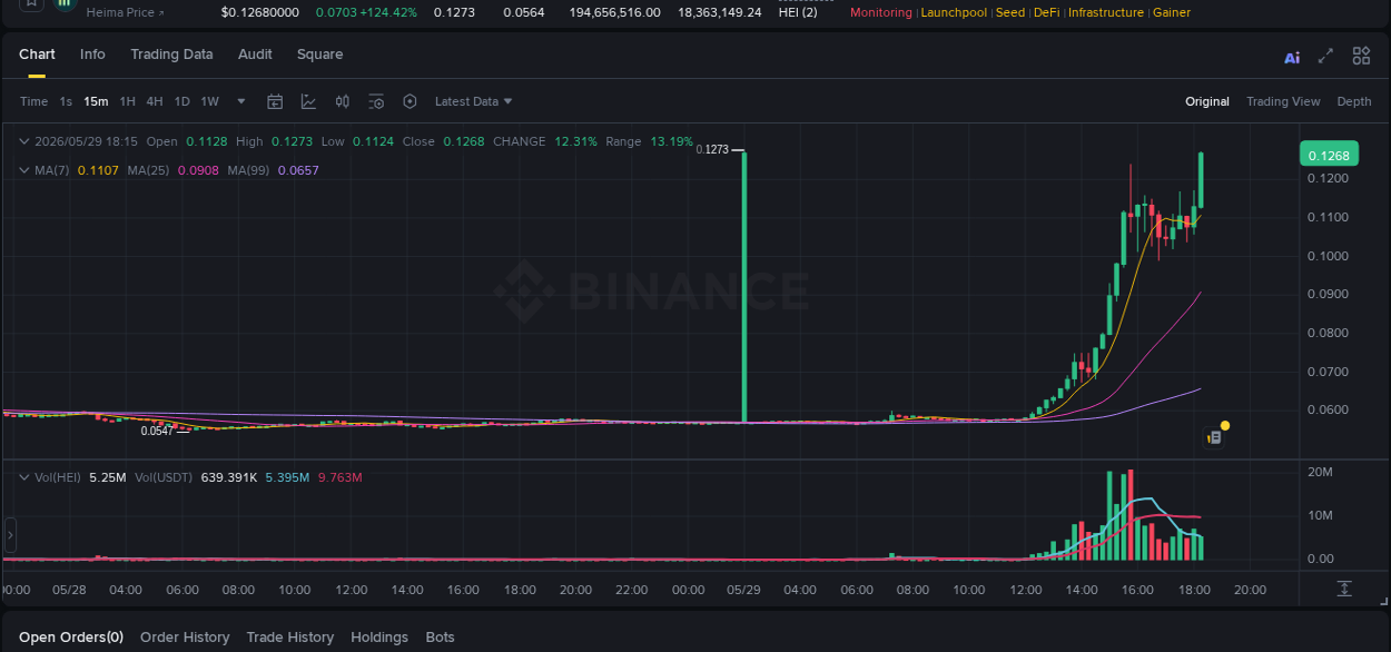 Gain insights into HEI's pump activity on Binance, 29 May 2026, 18:18 Detailed analysis of HEI's price surge on Binance, 29 May 2026, 18:18