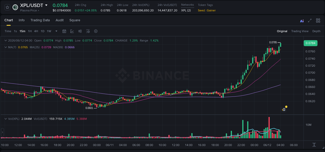 Binance trading report for XPL pump, 12 June 2026, 04:02