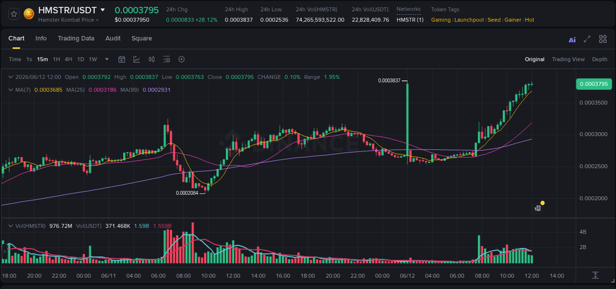 Binance pump overview for HMSTR, captured at 12 June 2026, 12:08