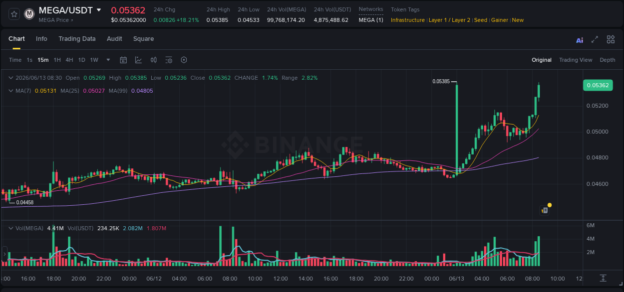 Binance pump data for MEGA at 13 June 2026, 08:38